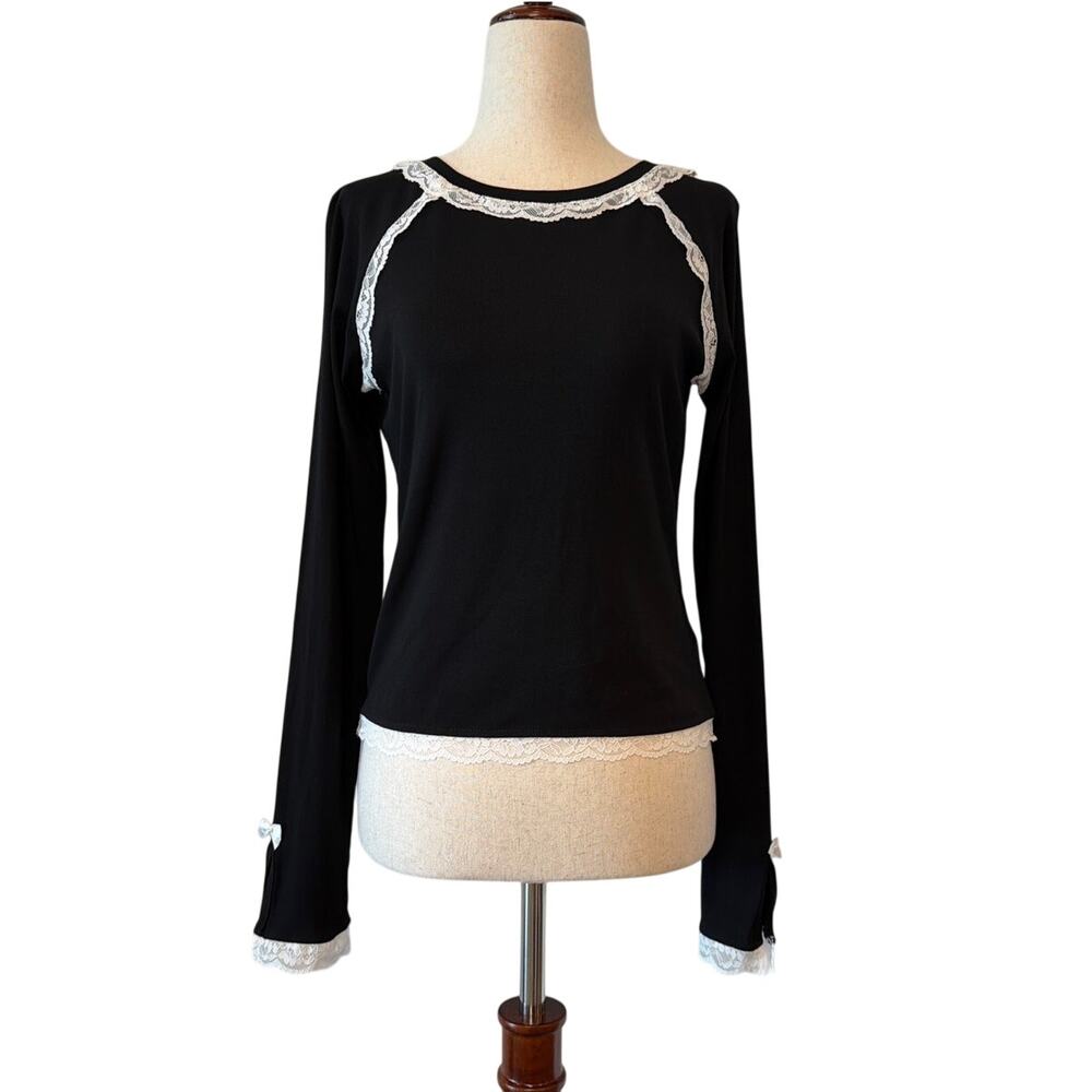 NWOT Edikted Edith Lacey Ribbed Top, Black with White Lace Women's Large